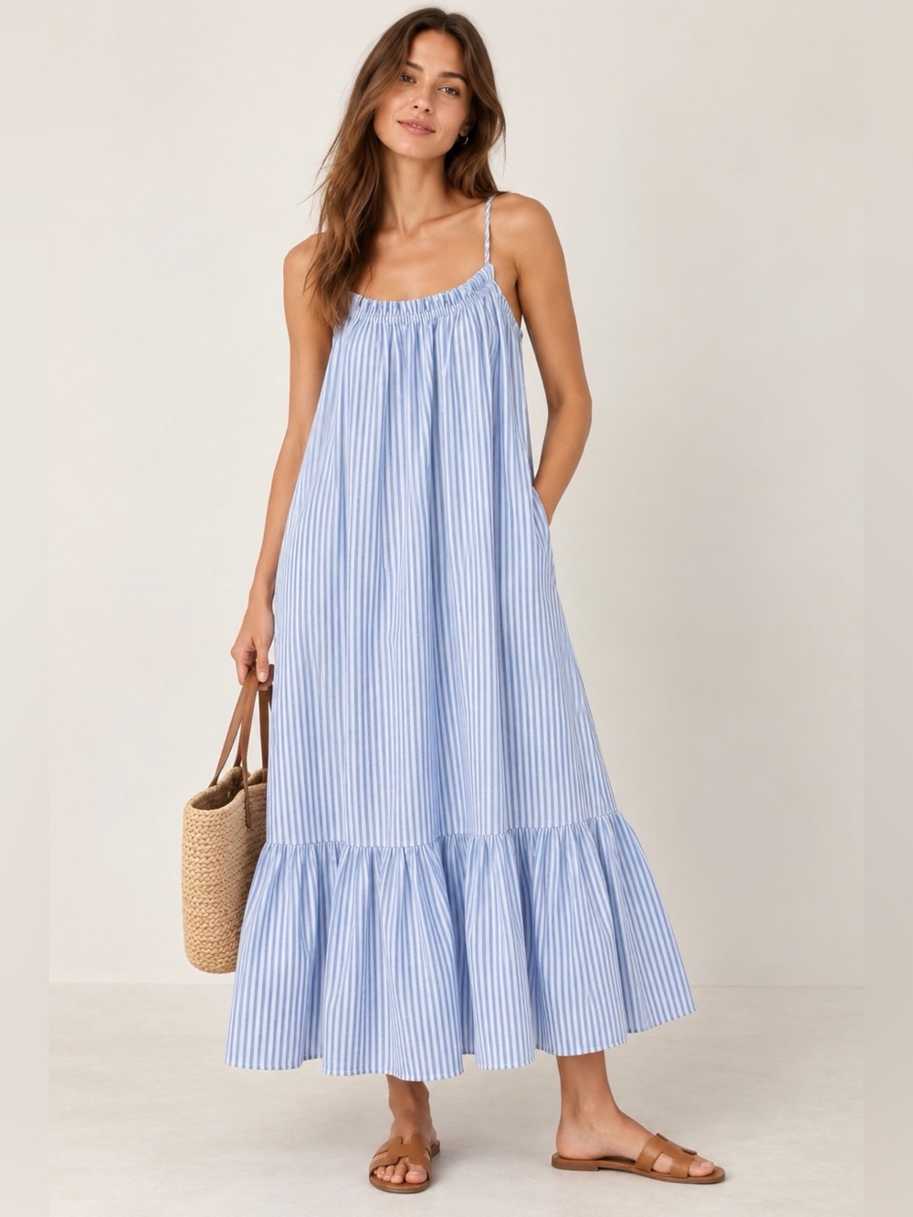 J.Crew Blue White Striped Cotton Tiered Maxi Dress M-L